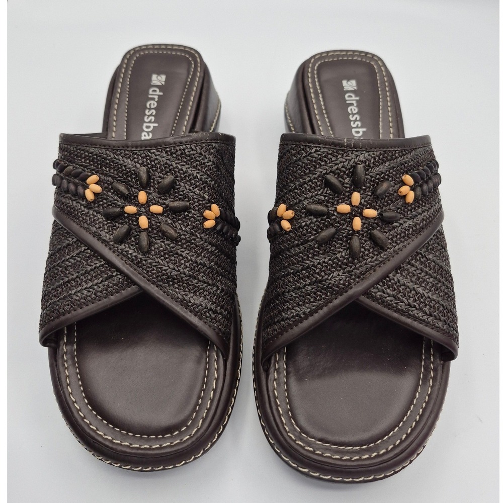Dressbarn Lily Wedge Sandals 8.5 Brown Beaded Woven Mule Slides Comfort Boho